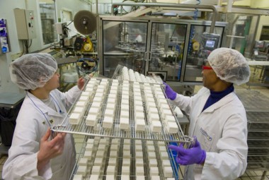 Jeunes femmes transportant une claie de fromages.